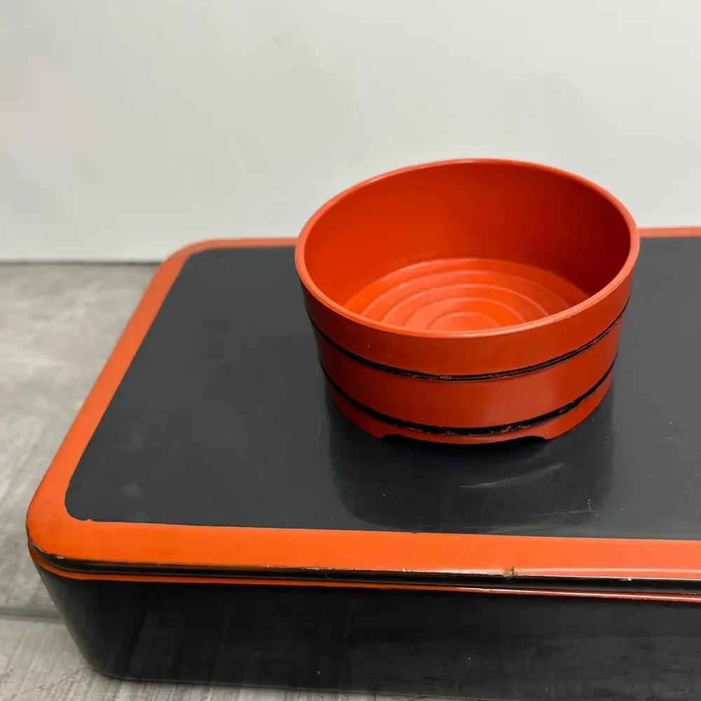 Vintage Asian Red Black Laquer Sushi Bamboo Plate Bento Box Set